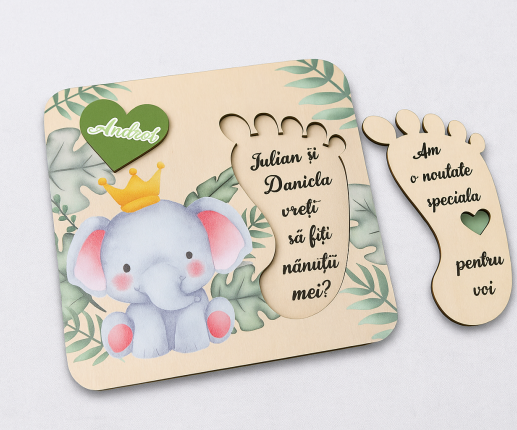 Invitații  din lemn pentru nani cu elefanțel