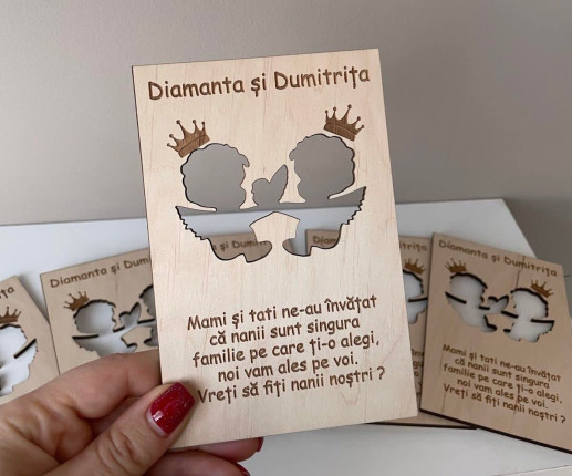 Invitații din lemn pentru nași cu îngerași 1