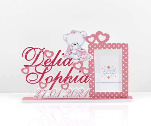 Rama foto personalizata pentru fete roz cu buline cu Ursulet