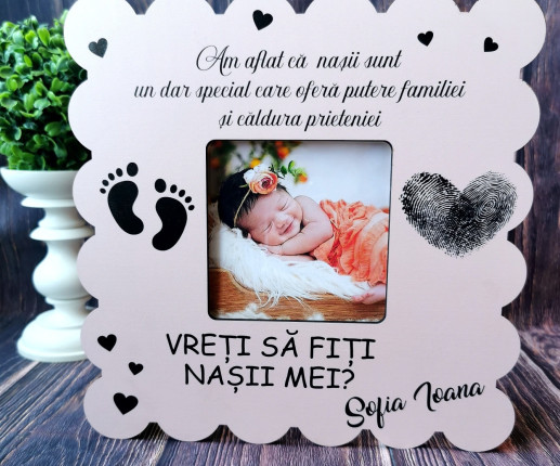 Invitații  din lemn pentru nași cu poză