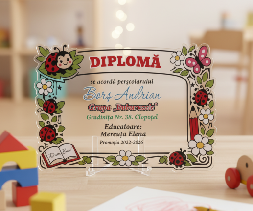 Diplomă din plastic ,,Adio Gradiniță,, cu buburuză