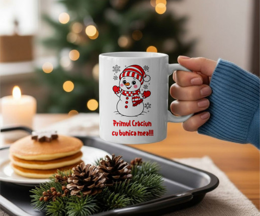 Cana personalizata cu Omulet de zapada cu fulgi