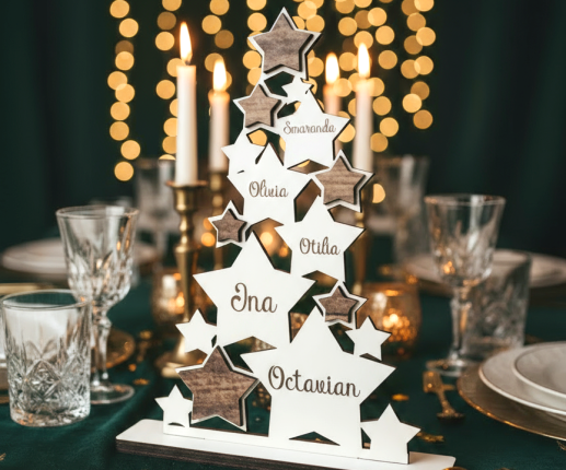 Brad din lemn cu numele membrilor familiei