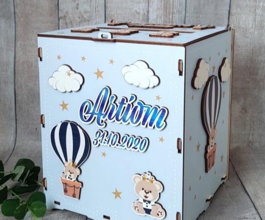 Cutie de dar pentru botez ursuleț pe balon