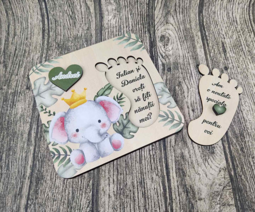 Invitații  din lemn pentru nani cu elefanțel image 2