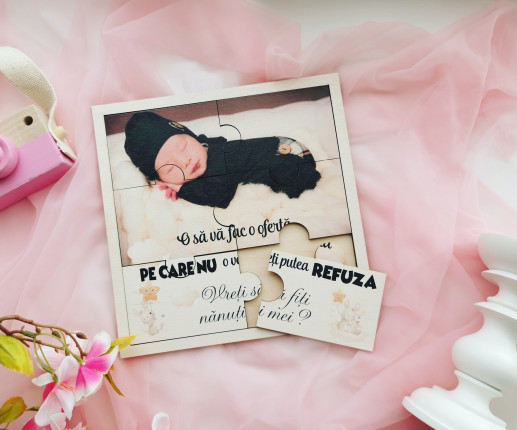 Invitații  din lemn pentru nași puzzle