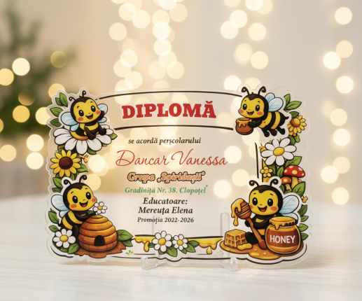 Diplomă din plastic ,,Adio Gradiniță,, cu albinuță