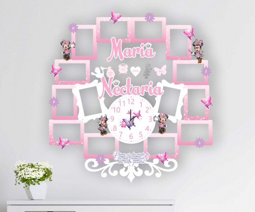 Rama foto cu ceas pentru fetiță cu Minnie Mouse