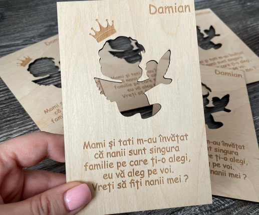 Invitații din lemn pentru nași cu îngerași 1 image 2