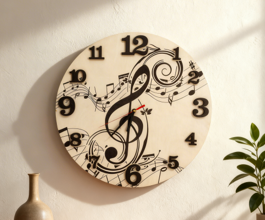 Деревянные часы с музыкальными нотами