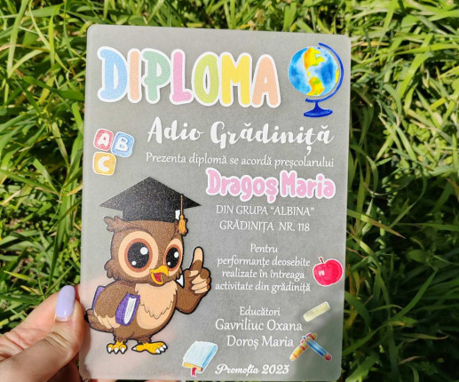 Diplomă din pet ,,Adio Gradiniță,, cu bufniță