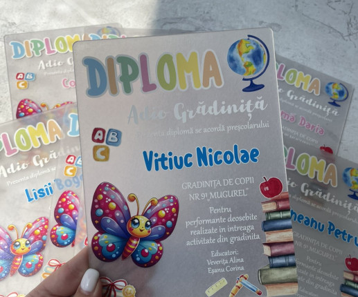 Diplomă din pet ,,Adio Gradiniță,, cu fluturasi