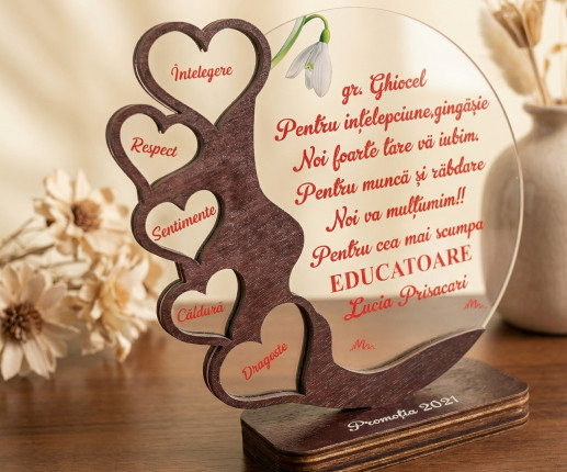 Plachetă personalizată pentru educatoare  „Din inimă, cu recunoștință”