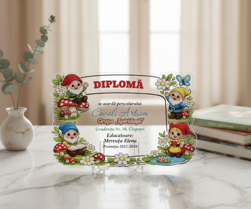 Diplomă din plastic ,,Adio Gradiniță,, cu pitici