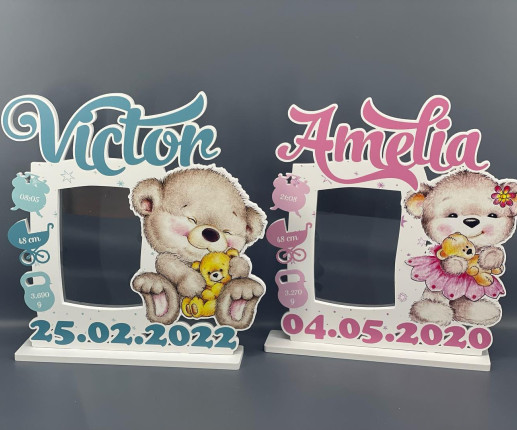 Rama foto  personalizata pentru băiețel și fetițe cu ursuleț
