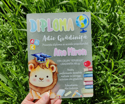 Diplomă din pet ,,Adio Gradiniță,, cu leu