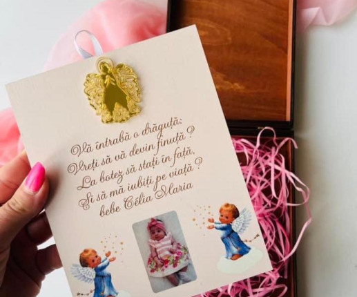 Invitații din lemn pentru nași cu îngerași 2