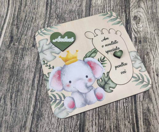 Invitații  din lemn pentru nani cu elefanțel image 3