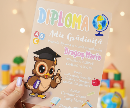 Diplomă din pet ,,Adio Gradiniță,, cu bufniță